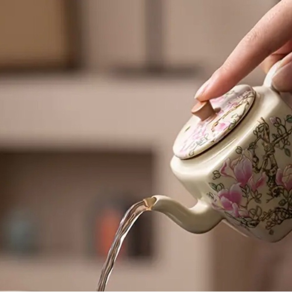 Magnolia Flower Square Teapot, 6.75oz Ru Kiln Xi Shi Style Ceramic,Pink Flowers. - Picture 6 of 6